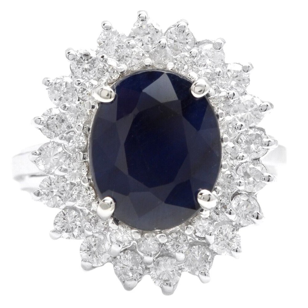 5.20Ct Natural Blue Sapphire and Natural Diamond 14K Solid White Gold Ring